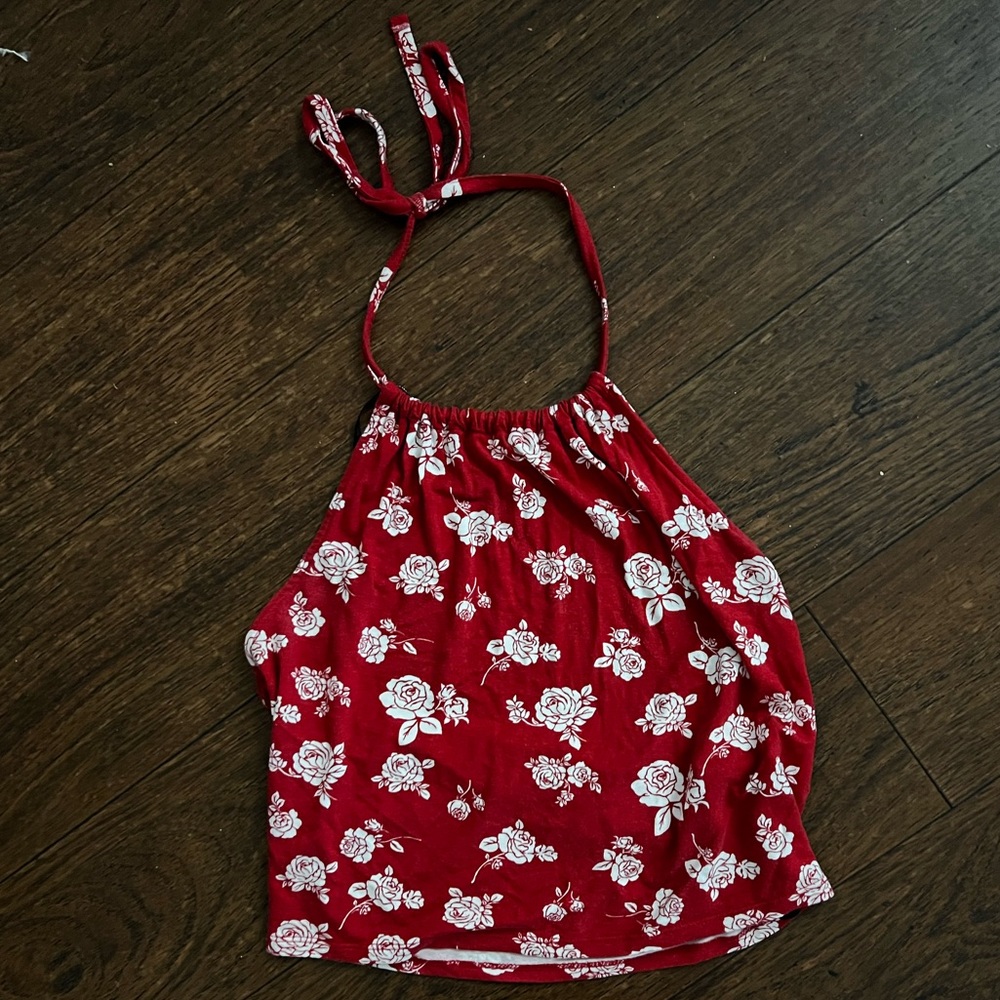 Forever 21 Red Floral Spaghetti Strap Halter Crop Top Size Large
